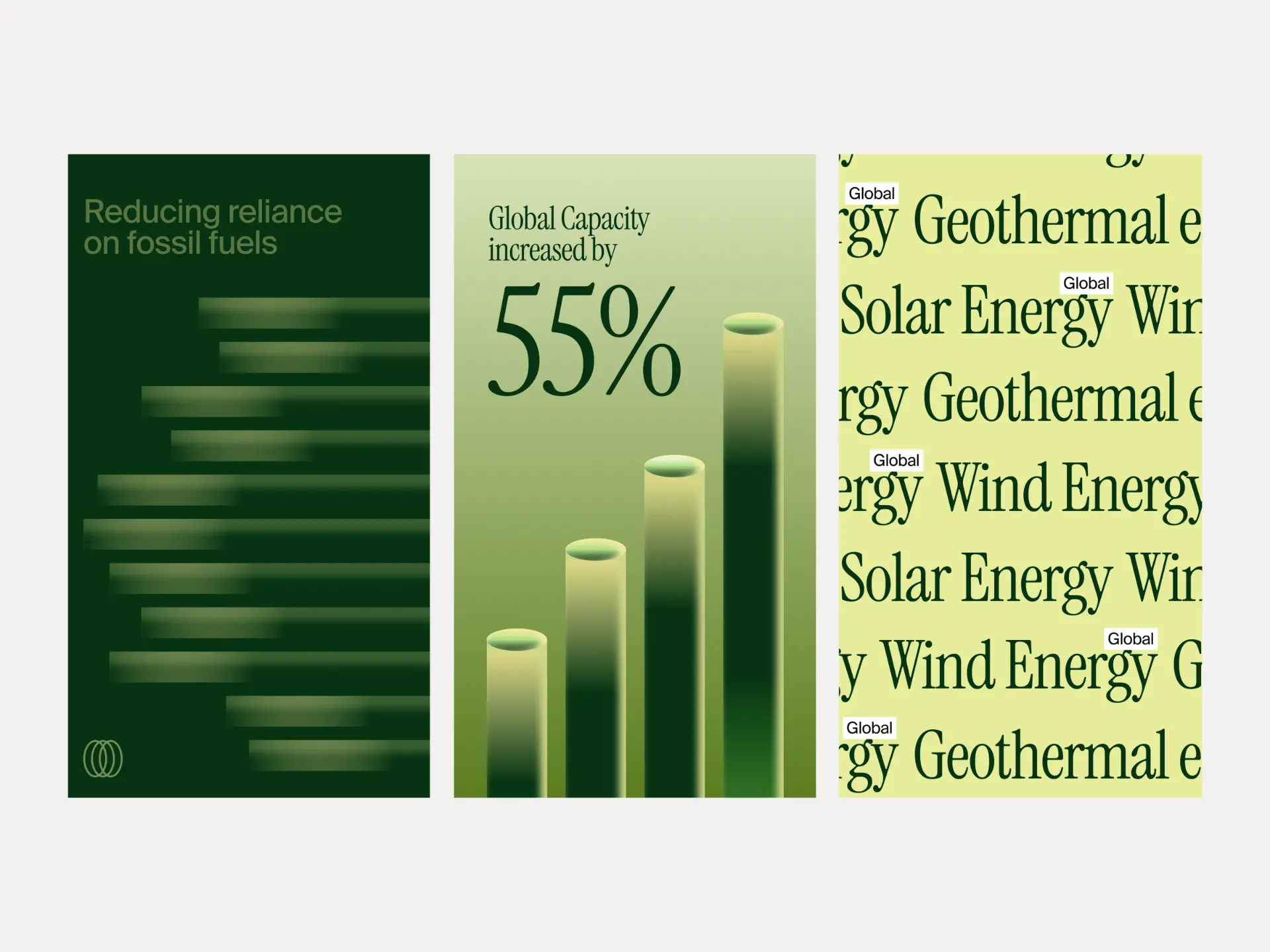 Three green energy posters with 3D bar charts and editorial typography