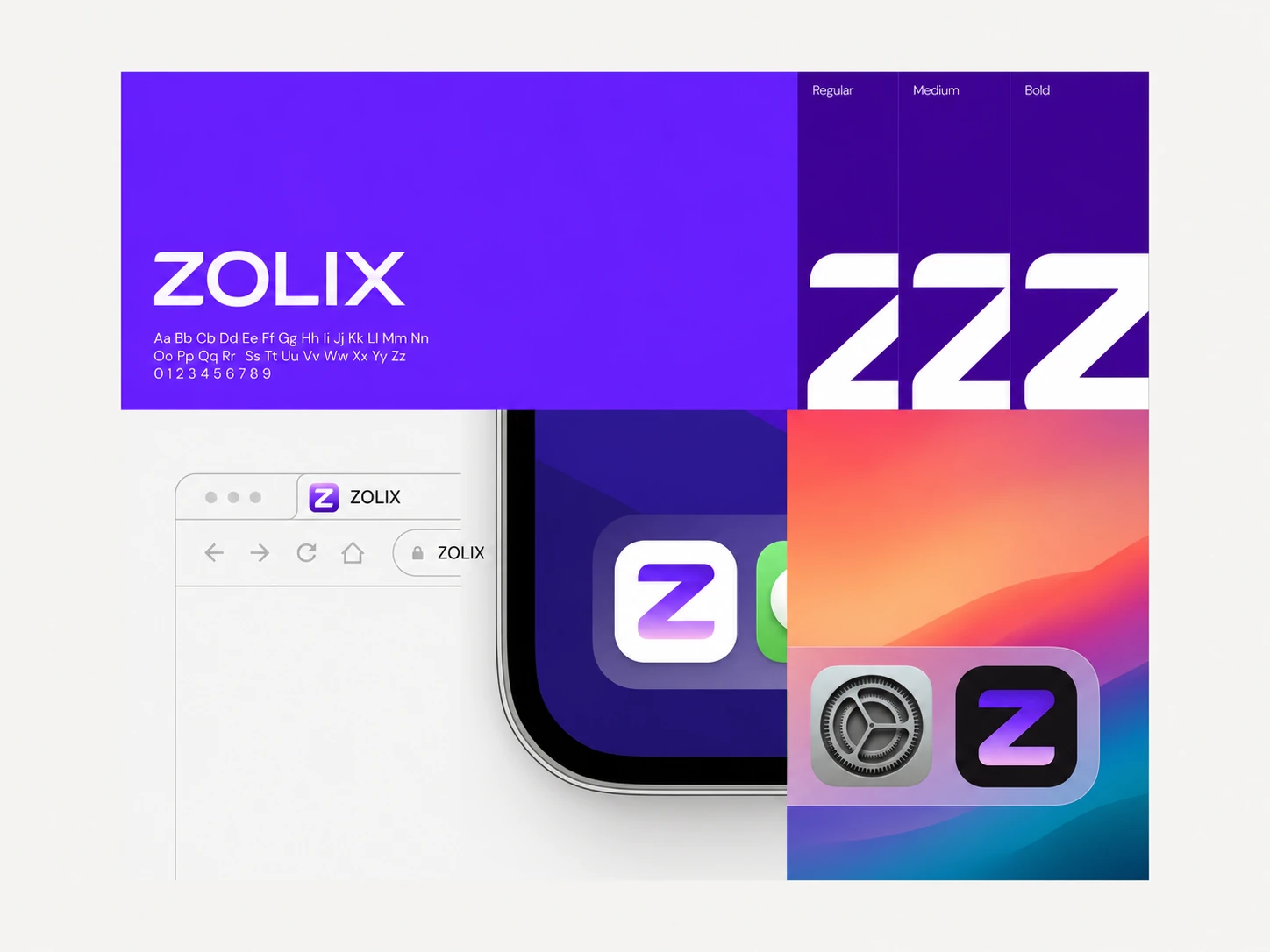 ZOLIX brand identity showcase with wordmark, type specimen, font weights, browser tab and app icon mockups