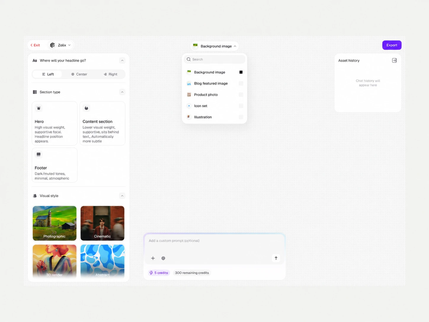 Zolix background image generator interface with headline alignment, section type and visual style controls