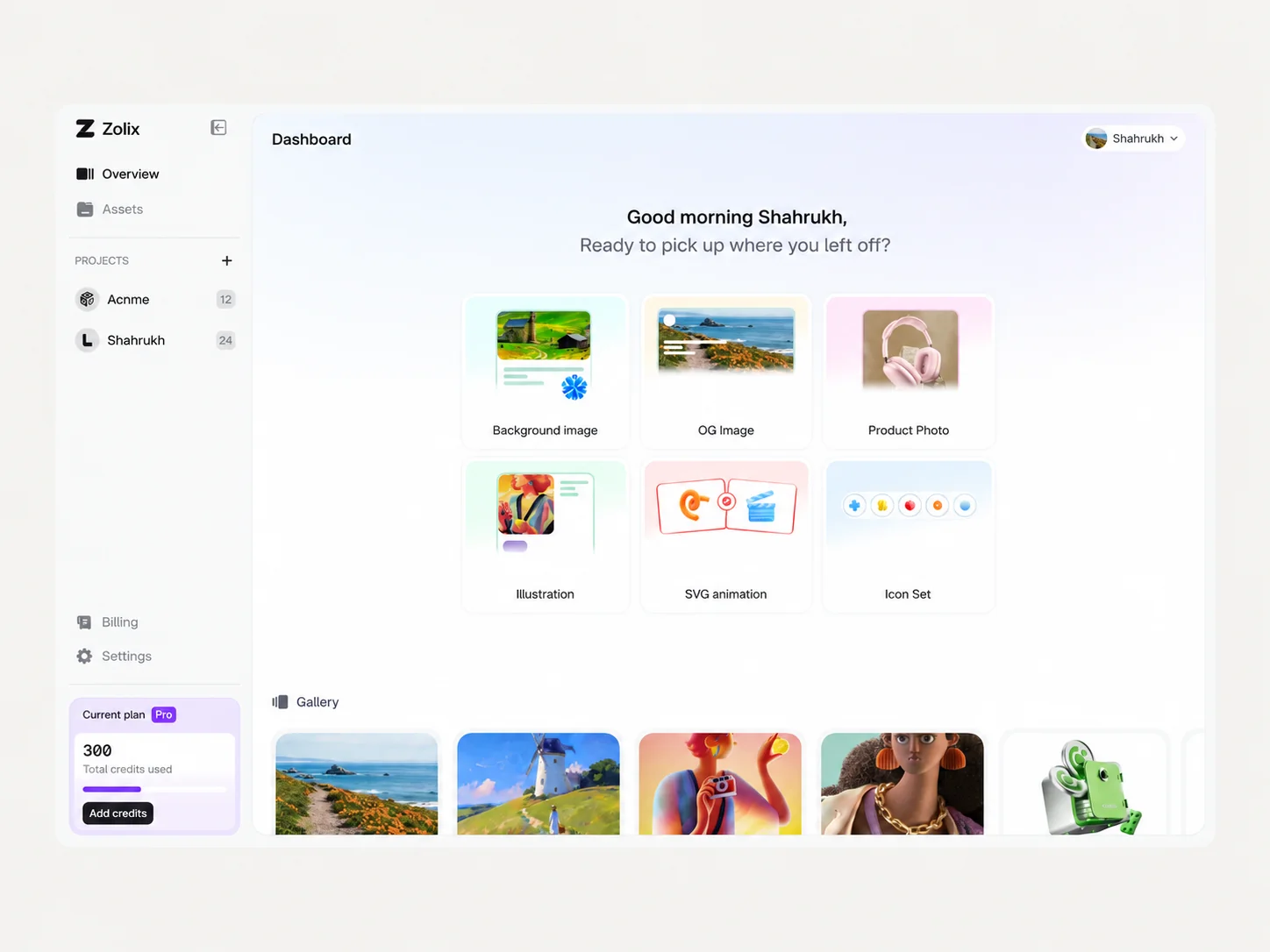 Zolix product dashboard design concept with creative tool cards and asset gallery