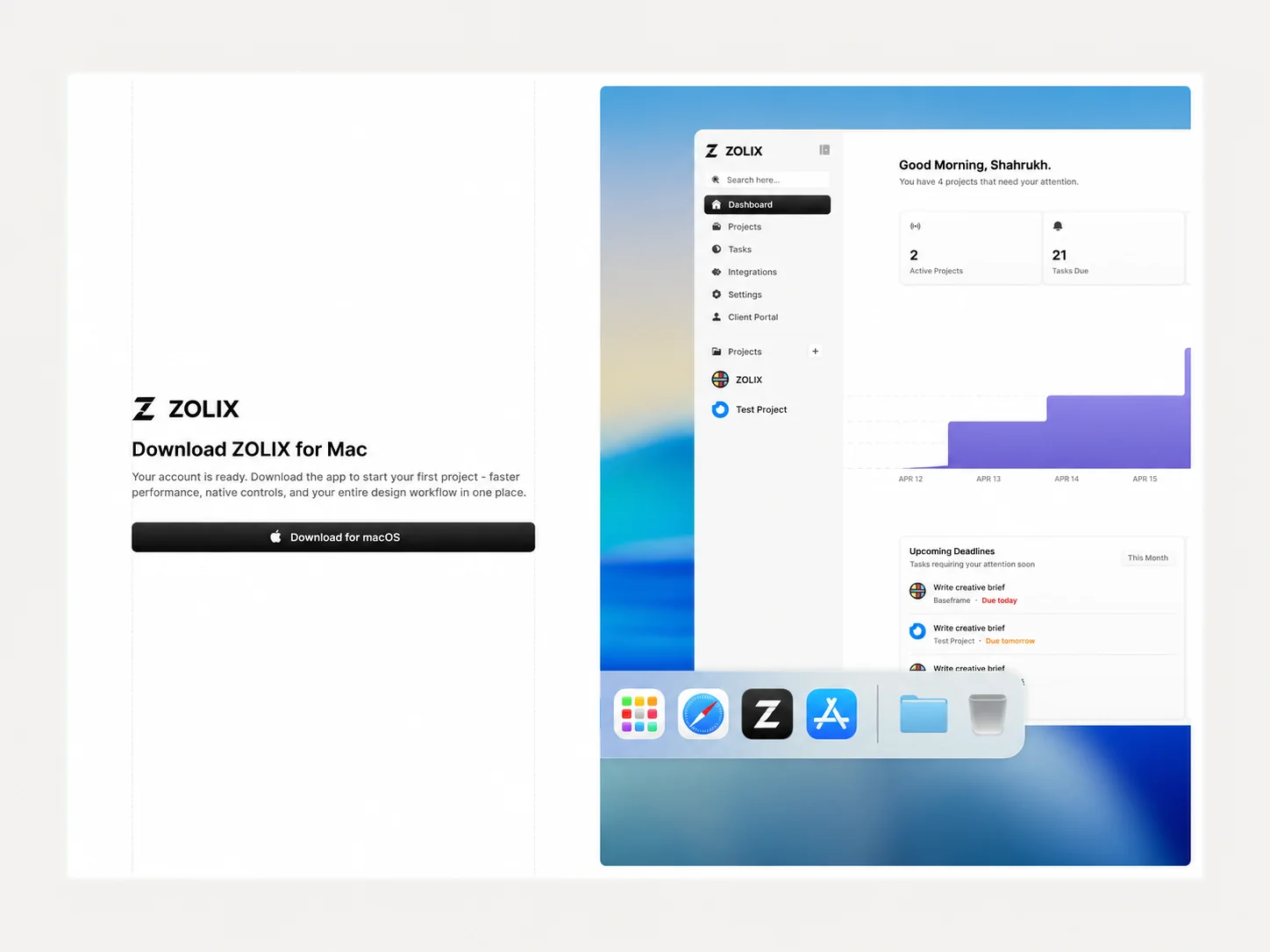 ZOLIX for Mac download page beside a desktop app preview