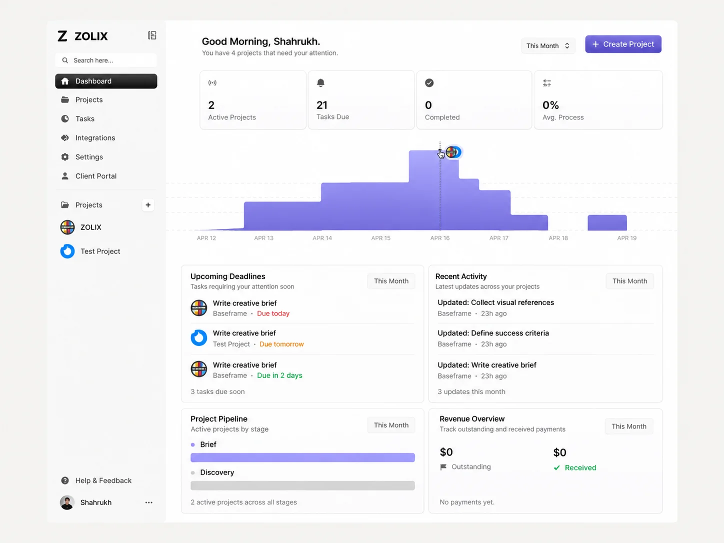 ZOLIX project dashboard with metrics, activity and revenue panels